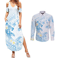Polynesia Hammerhead Shark Couples Matching Summer Maxi Dress and Long Sleeve Button Shirt Tropical Flowers Tribal Pattern Blue LT05 Blue - Polynesian Pride