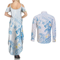 Polynesia Hammerhead Shark Couples Matching Summer Maxi Dress and Long Sleeve Button Shirt Tropical Flowers Tribal Pattern Blue LT05 - Polynesian Pride
