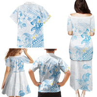 Polynesia Hammerhead Shark Family Matching Puletasi and Hawaiian Shirt Tropical Flowers Tribal Pattern Blue LT05 - Polynesian Pride