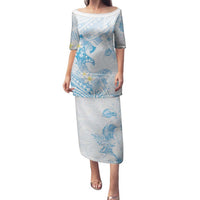 Polynesia Hammerhead Shark Family Matching Puletasi and Hawaiian Shirt Tropical Flowers Tribal Pattern Blue LT05 Mom's Dress Blue - Polynesian Pride