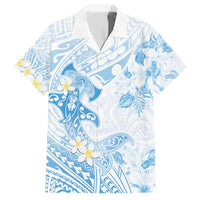 Polynesia Hammerhead Shark Family Matching Short Sleeve Bodycon Dress and Hawaiian Shirt Tropical Flowers Tribal Pattern Blue