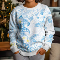 Polynesia Hammerhead Shark Kid Ugly Christmas Sweater Tropical Flowers Tribal Pattern Blue