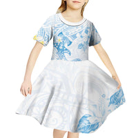 Polynesia Hammerhead Shark Kid Short Sleeve Dress Tropical Flowers Tribal Pattern Blue