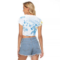 Polynesia Hammerhead Shark Raglan Cropped T Shirt Tropical Flowers Tribal Pattern Blue