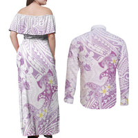 Polynesia Hammerhead Shark Couples Matching Off Shoulder Maxi Dress and Long Sleeve Button Shirt Tropical Flowers Tribal Pattern Lavender LT05 - Polynesian Pride