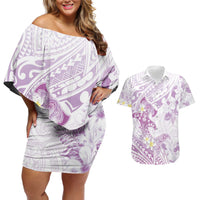 Polynesia Hammerhead Shark Couples Matching Off Shoulder Short Dress and Hawaiian Shirt Tropical Flowers Tribal Pattern Lavender LT05 Purple - Polynesian Pride