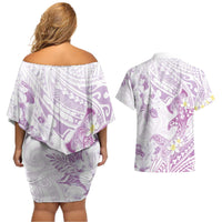 Polynesia Hammerhead Shark Couples Matching Off Shoulder Short Dress and Hawaiian Shirt Tropical Flowers Tribal Pattern Lavender LT05 - Polynesian Pride