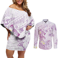 Polynesia Hammerhead Shark Couples Matching Off Shoulder Short Dress and Long Sleeve Button Shirt Tropical Flowers Tribal Pattern Lavender LT05 Purple - Polynesian Pride