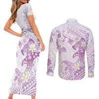 Polynesia Hammerhead Shark Couples Matching Short Sleeve Bodycon Dress and Long Sleeve Button Shirt Tropical Flowers Tribal Pattern Lavender LT05 - Polynesian Pride