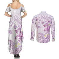 Polynesia Hammerhead Shark Couples Matching Summer Maxi Dress and Long Sleeve Button Shirt Tropical Flowers Tribal Pattern Lavender LT05 - Polynesian Pride