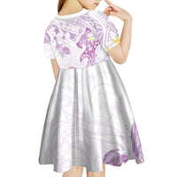 Polynesia Hammerhead Shark Kid Short Sleeve Dress Tropical Flowers Tribal Pattern Lavender