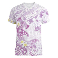 Polynesia Hammerhead Shark Women V-Neck T-Shirt Tropical Flowers Tribal Pattern Lavender