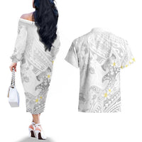 Polynesia Hammerhead Shark Couples Matching Off The Shoulder Long Sleeve Dress and Hawaiian Shirt Tropical Flowers Tribal Pattern White LT05 - Polynesian Pride