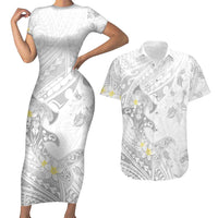 Polynesia Hammerhead Shark Couples Matching Short Sleeve Bodycon Dress and Hawaiian Shirt Tropical Flowers Tribal Pattern White LT05 White - Polynesian Pride
