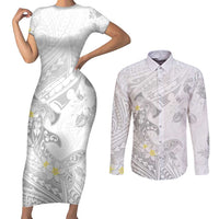 Polynesia Hammerhead Shark Couples Matching Short Sleeve Bodycon Dress and Long Sleeve Button Shirt Tropical Flowers Tribal Pattern White LT05 White - Polynesian Pride