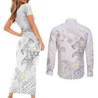 Polynesia Hammerhead Shark Couples Matching Short Sleeve Bodycon Dress and Long Sleeve Button Shirt Tropical Flowers Tribal Pattern White LT05 - Polynesian Pride