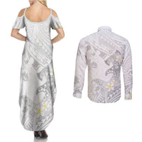 Polynesia Hammerhead Shark Couples Matching Summer Maxi Dress and Long Sleeve Button Shirt Tropical Flowers Tribal Pattern White LT05 - Polynesian Pride
