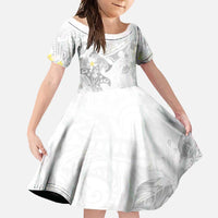 Polynesia Hammerhead Shark Family Matching Long Sleeve Bodycon Dress and Hawaiian Shirt Tropical Flowers Tribal Pattern White LT05 Daughter's Dress White - Polynesian Pride