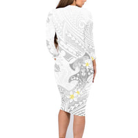 Polynesia Hammerhead Shark Family Matching Long Sleeve Bodycon Dress and Hawaiian Shirt Tropical Flowers Tribal Pattern White LT05 - Polynesian Pride