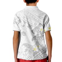 Polynesia Hammerhead Shark Kid Polo Shirt Tropical Flowers Tribal Pattern White
