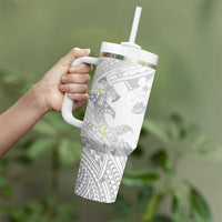 Polynesia Hammerhead Shark Tumbler With Handle Tropical Flowers Tribal Pattern White LT05 - Polynesian Pride