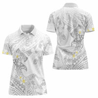 Polynesia Hammerhead Shark Women Polo Shirt Tropical Flowers Tribal Pattern White