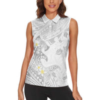 Polynesia Hammerhead Shark Women Sleeveless Polo Shirt Tropical Flowers Tribal Pattern White