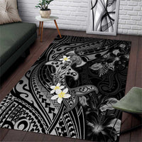 Polynesia Hammerhead Shark Area Rug Tropical Flowers Tribal Pattern Black