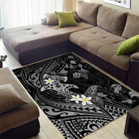 Polynesia Hammerhead Shark Area Rug Tropical Flowers Tribal Pattern Black