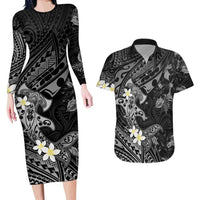 Polynesia Hammerhead Shark Couples Matching Long Sleeve Bodycon Dress and Hawaiian Shirt Tropical Flowers Tribal Pattern Black LT05 Black - Polynesian Pride