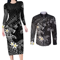 Polynesia Hammerhead Shark Couples Matching Long Sleeve Bodycon Dress and Long Sleeve Button Shirt Tropical Flowers Tribal Pattern Black LT05 Black - Polynesian Pride