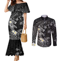 Polynesia Hammerhead Shark Couples Matching Mermaid Dress and Long Sleeve Button Shirt Tropical Flowers Tribal Pattern Black LT05 Black - Polynesian Pride