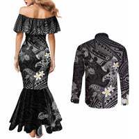 Polynesia Hammerhead Shark Couples Matching Mermaid Dress and Long Sleeve Button Shirt Tropical Flowers Tribal Pattern Black LT05 - Polynesian Pride