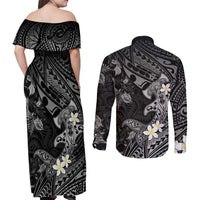Polynesia Hammerhead Shark Couples Matching Off Shoulder Maxi Dress and Long Sleeve Button Shirt Tropical Flowers Tribal Pattern Black LT05 - Polynesian Pride