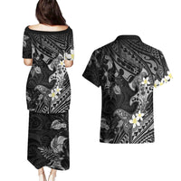 Polynesia Hammerhead Shark Couples Matching Puletasi and Hawaiian Shirt Tropical Flowers Tribal Pattern Black LT05 - Polynesian Pride