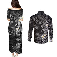 Polynesia Hammerhead Shark Couples Matching Puletasi and Long Sleeve Button Shirt Tropical Flowers Tribal Pattern Black LT05 - Polynesian Pride