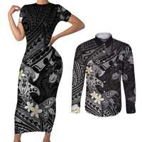 Polynesia Hammerhead Shark Couples Matching Short Sleeve Bodycon Dress and Long Sleeve Button Shirt Tropical Flowers Tribal Pattern Black LT05 Black - Polynesian Pride