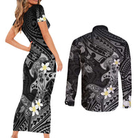Polynesia Hammerhead Shark Couples Matching Short Sleeve Bodycon Dress and Long Sleeve Button Shirt Tropical Flowers Tribal Pattern Black LT05 - Polynesian Pride