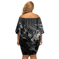 Polynesia Hammerhead Shark Family Matching Off Shoulder Short Dress and Hawaiian Shirt Tropical Flowers Tribal Pattern Black LT05 - Polynesian Pride