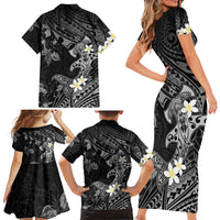Polynesia Hammerhead Shark Family Matching Short Sleeve Bodycon Dress and Hawaiian Shirt Tropical Flowers Tribal Pattern Black LT05 - Polynesian Pride