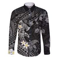 Polynesia Hammerhead Shark Family Matching Short Sleeve Bodycon Dress and Hawaiian Shirt Tropical Flowers Tribal Pattern Black LT05 Dad's Shirt - Long Sleeve Black - Polynesian Pride