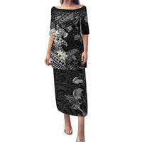 Polynesia Hammerhead Shark Puletasi Tropical Flowers Tribal Pattern Black LT05 Long Dress Black - Polynesian Pride