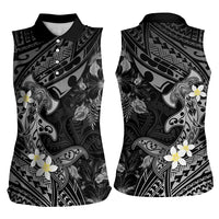Polynesia Hammerhead Shark Women Sleeveless Polo Shirt Tropical Flowers Tribal Pattern Black