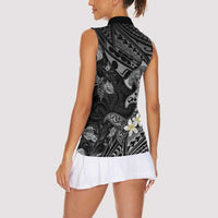 Polynesia Hammerhead Shark Women Sleeveless Polo Shirt Tropical Flowers Tribal Pattern Black
