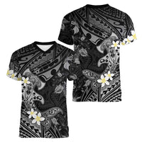 Polynesia Hammerhead Shark Women V-Neck T-Shirt Tropical Flowers Tribal Pattern Black