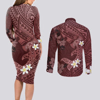 Polynesia Hammerhead Shark Couples Matching Long Sleeve Bodycon Dress and Long Sleeve Button Shirt Tropical Flowers Tribal Pattern Oxblood LT05 - Polynesian Pride