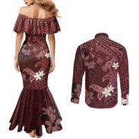 Polynesia Hammerhead Shark Couples Matching Mermaid Dress and Long Sleeve Button Shirt Tropical Flowers Tribal Pattern Oxblood LT05 - Polynesian Pride