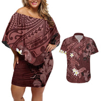 Polynesia Hammerhead Shark Couples Matching Off Shoulder Short Dress and Hawaiian Shirt Tropical Flowers Tribal Pattern Oxblood LT05 Oxblood - Polynesian Pride