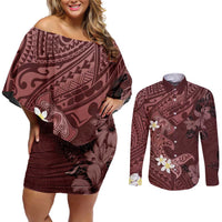 Polynesia Hammerhead Shark Couples Matching Off Shoulder Short Dress and Long Sleeve Button Shirt Tropical Flowers Tribal Pattern Oxblood LT05 Oxblood - Polynesian Pride