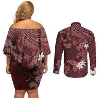 Polynesia Hammerhead Shark Couples Matching Off Shoulder Short Dress and Long Sleeve Button Shirt Tropical Flowers Tribal Pattern Oxblood LT05 - Polynesian Pride